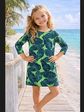 Lilly Pulitzer Girls Shift Dress M 6-7 Under the Palms Green Cotton Beach Resort